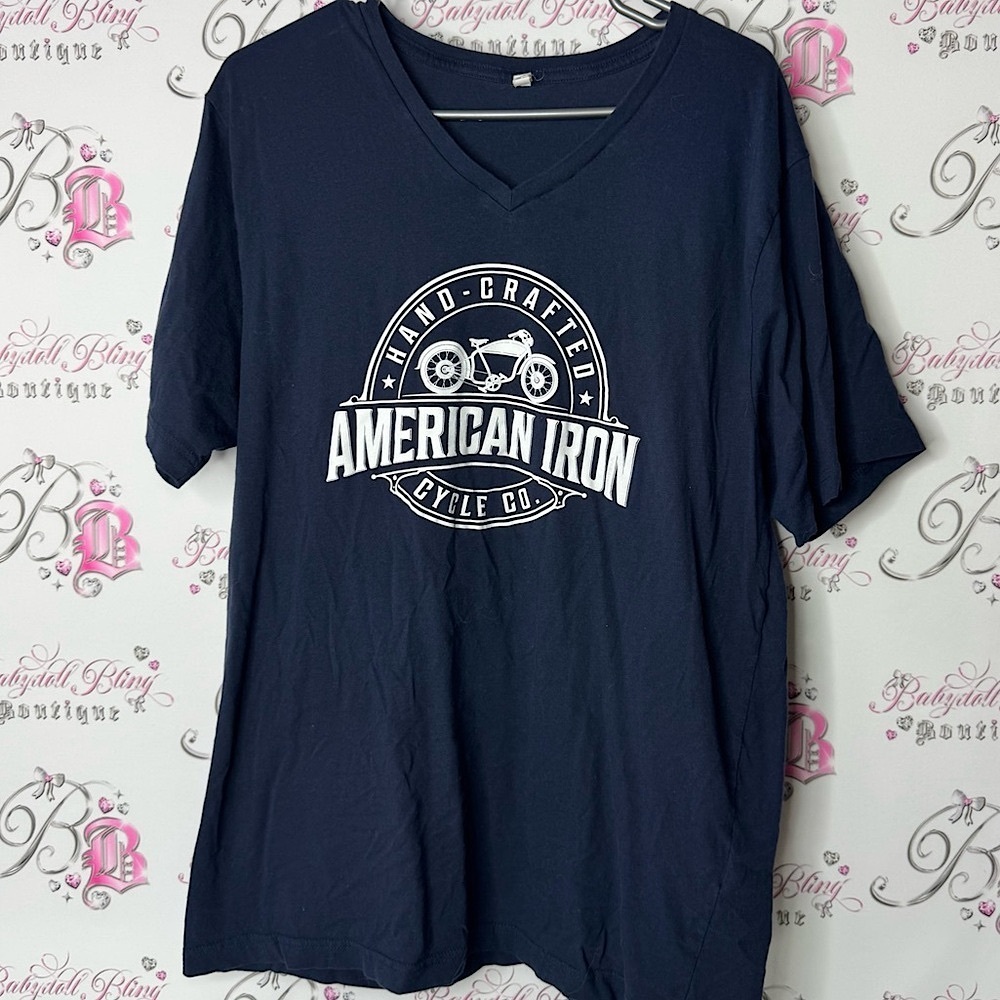 American iron hand crafted cycle Blue Short Sleeve Tee with Graphic Design